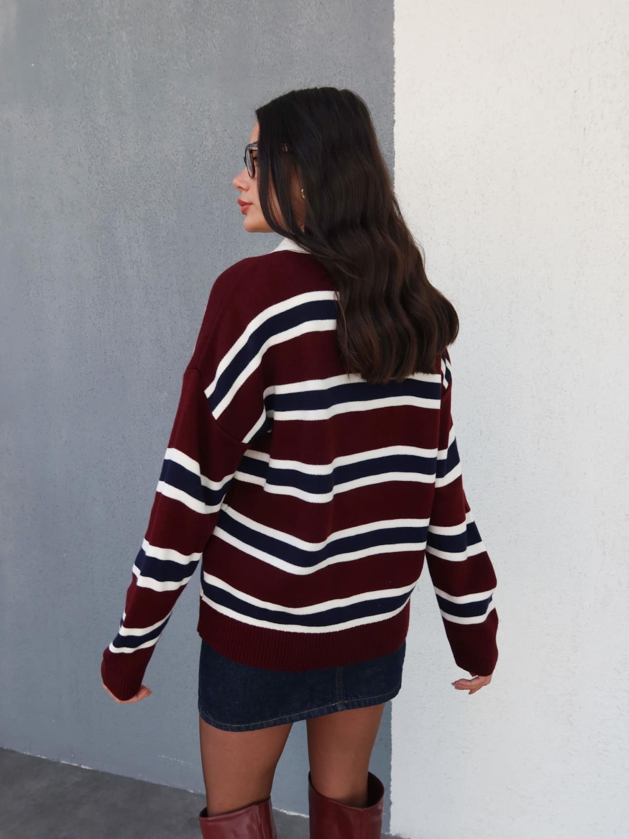 Polo Collar Long Sleeve Striped Sweater