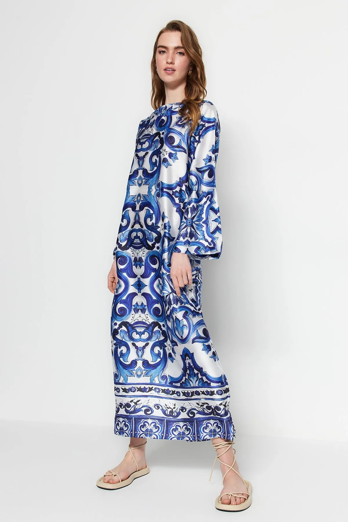 Blue Satin Surface Ethnic Patterned Evening Dress