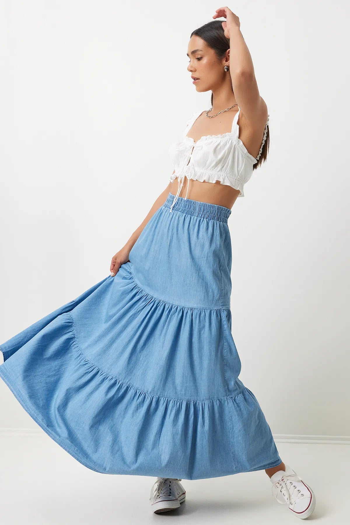 Blue Flounce Long Denim Skirt
