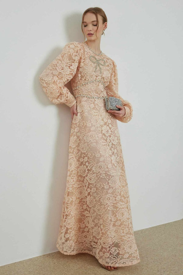 Elisabeth Stone Embroidered Lace Beige Dress