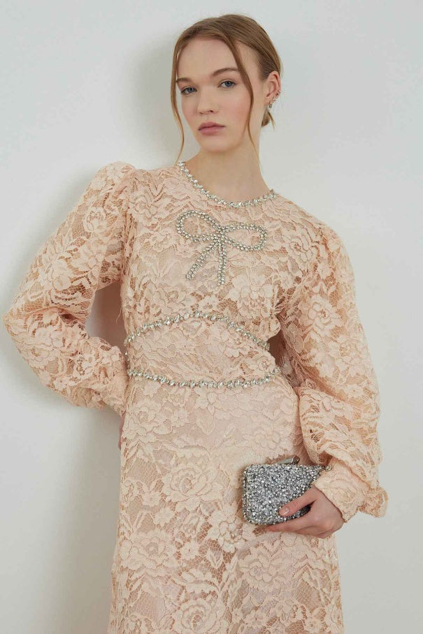 Elisabeth Stone Embroidered Lace Beige Dress