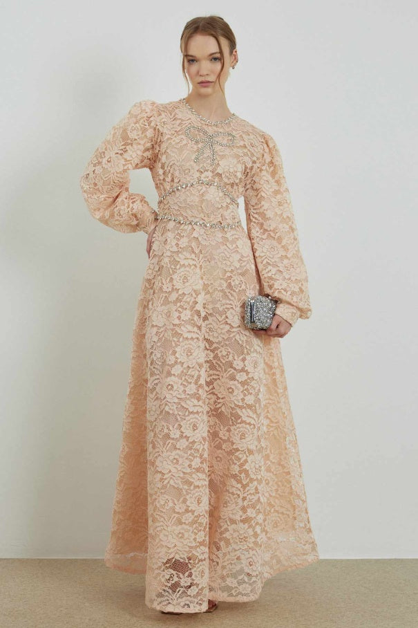 Elisabeth Stone Embroidered Lace Beige Dress