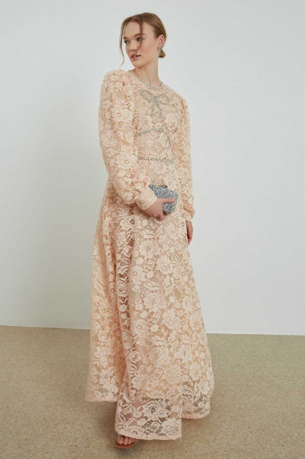 Elisabeth Stone Embroidered Lace Beige Dress