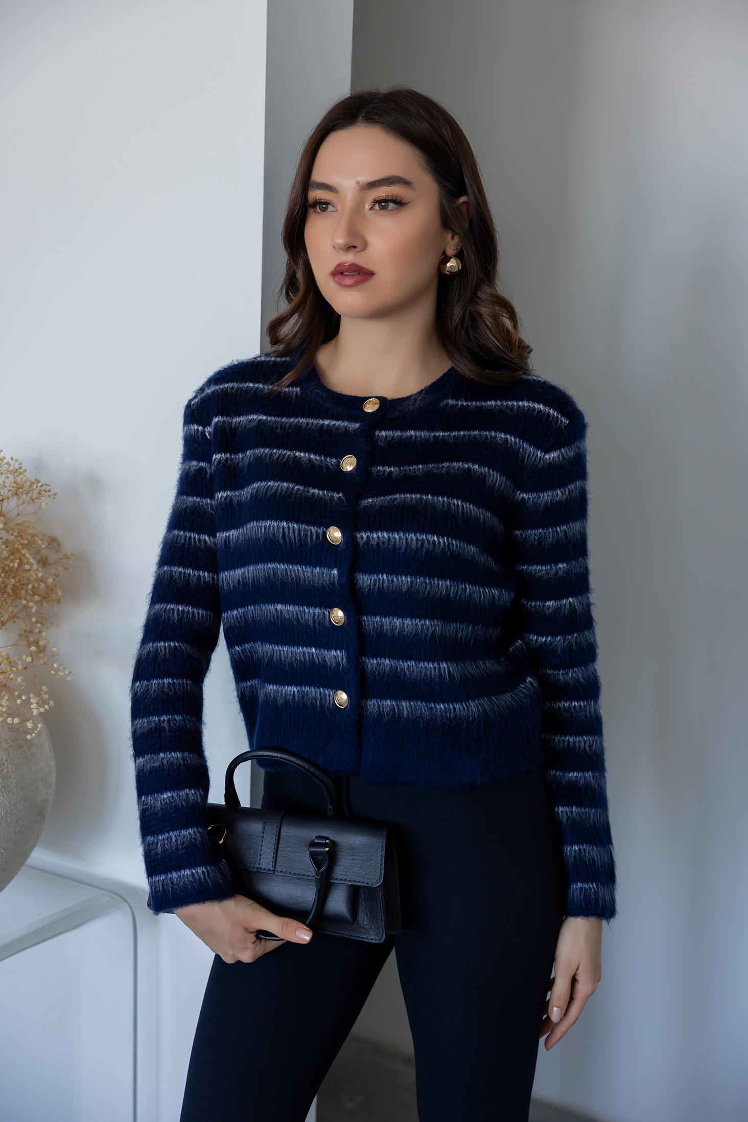 Gold Button Knitted Cardigan - NAVY BLUE