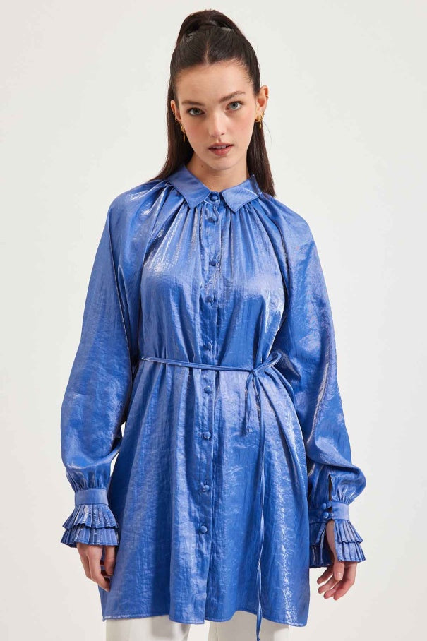 Pleated Sleeves Blue Shirt