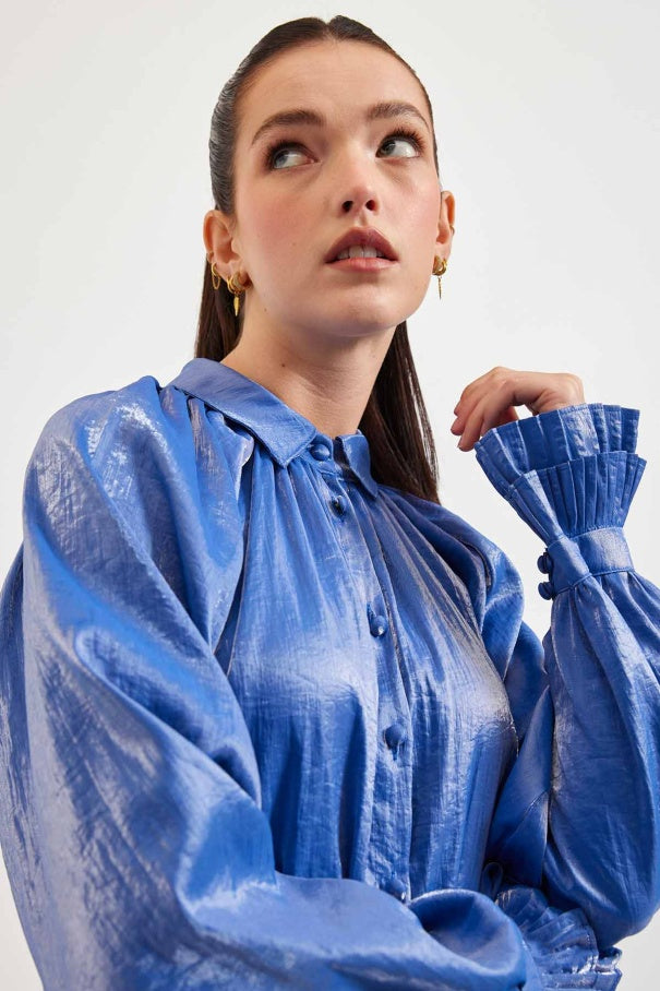 Pleated Sleeves Blue Shirt