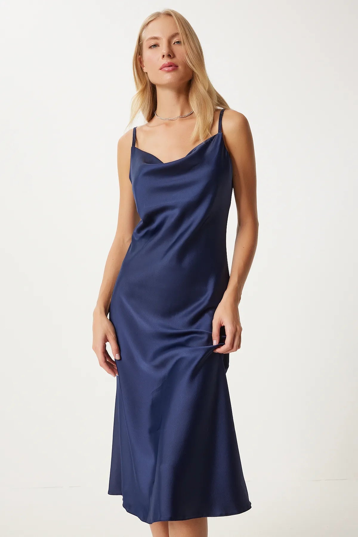 Navy Blue Cowl Neck Satin Surface Dress