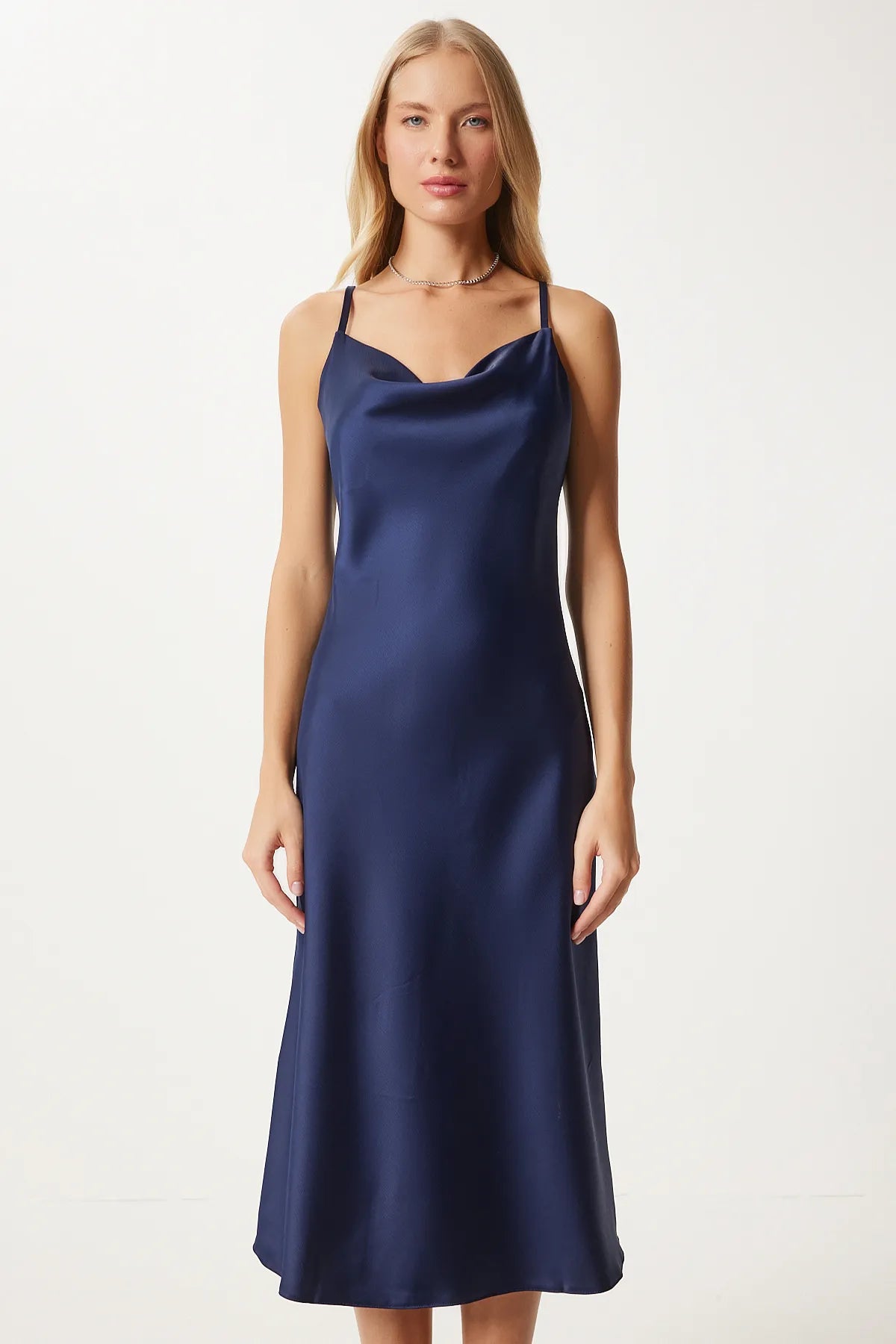 Navy Blue Cowl Neck Satin Surface Dress