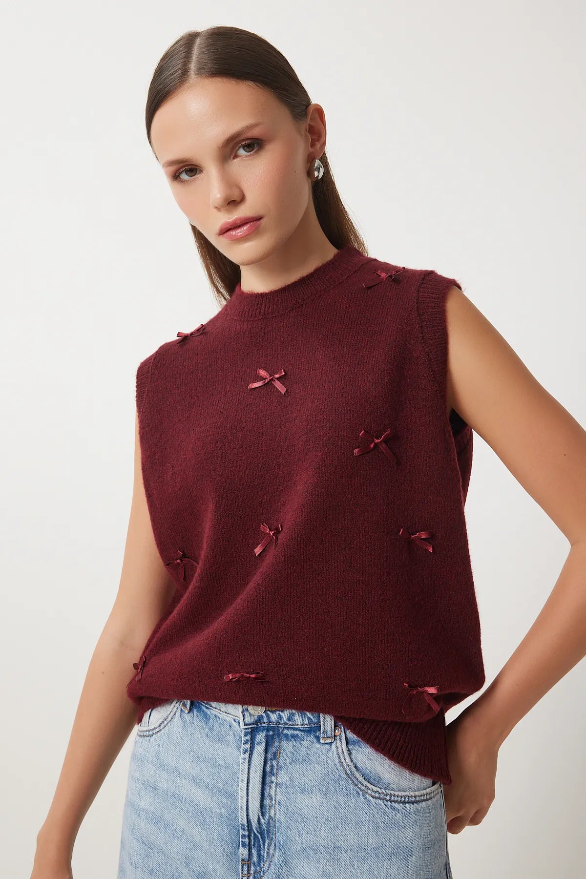 Bow Knit Sweater - CLARET RED