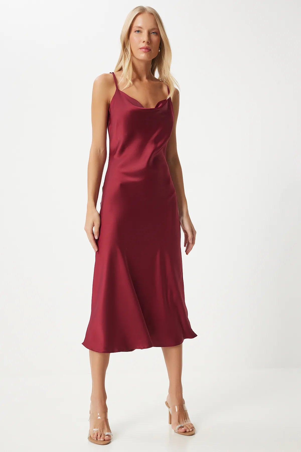 Burgundy Cowl Neck Satin Surface Dress