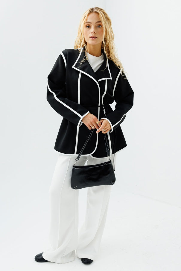 Contrast Piping Scuba Black Cardigan