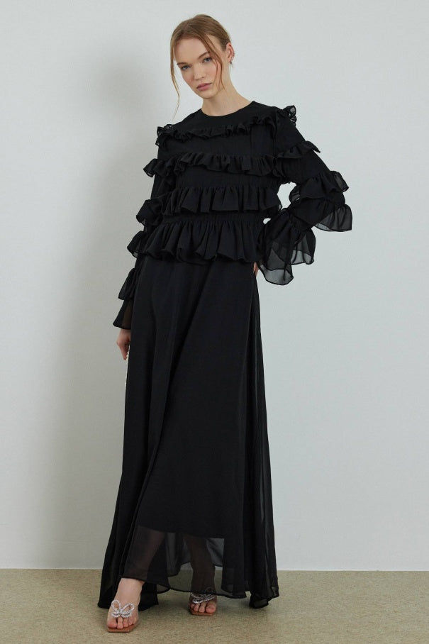 Ruffle Chiffon Black Dress