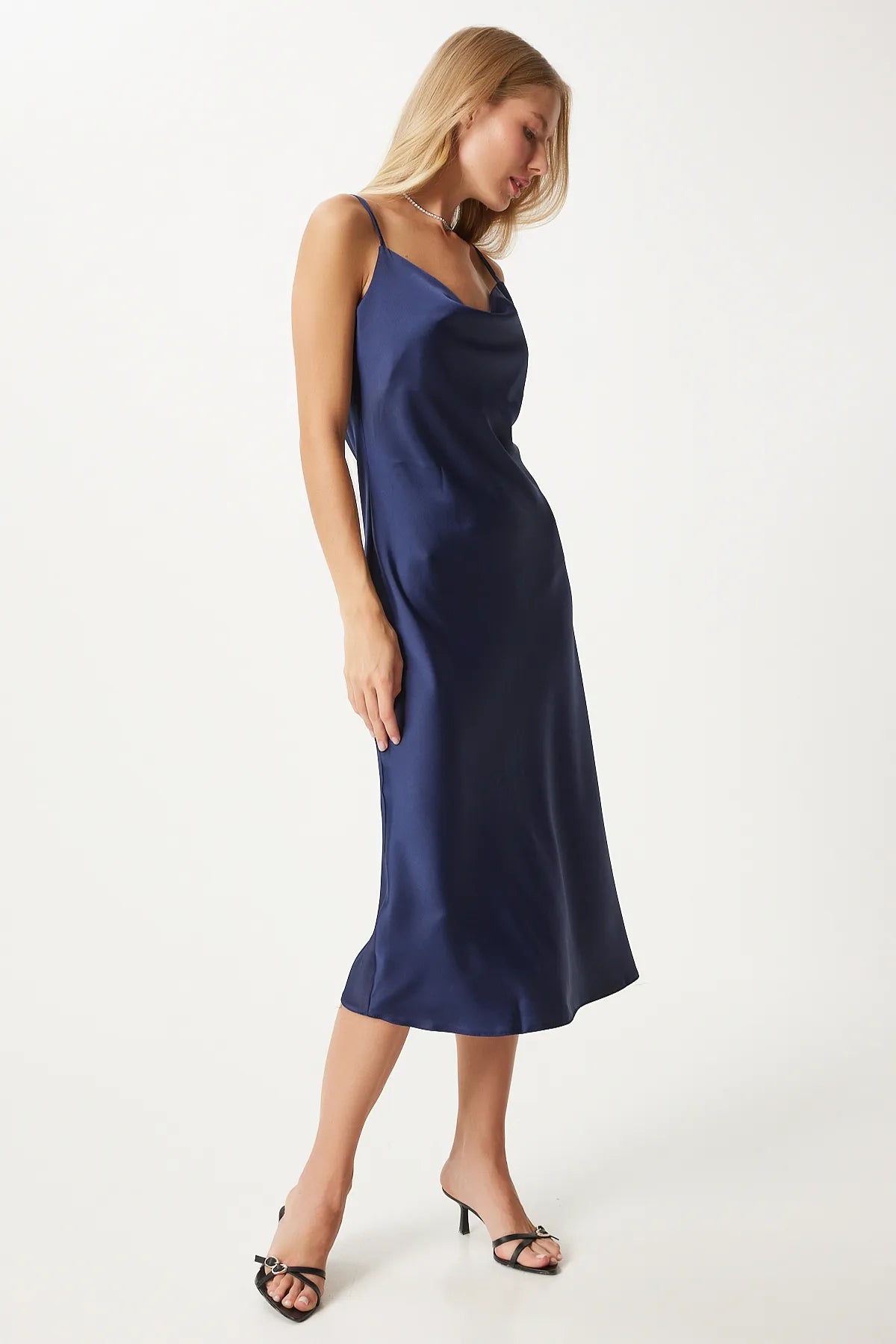 Navy Blue Cowl Neck Satin Surface Dress