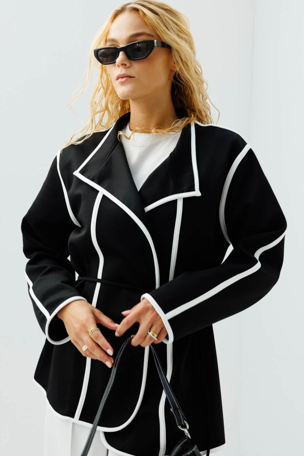 Contrast Piping Scuba Black Cardigan