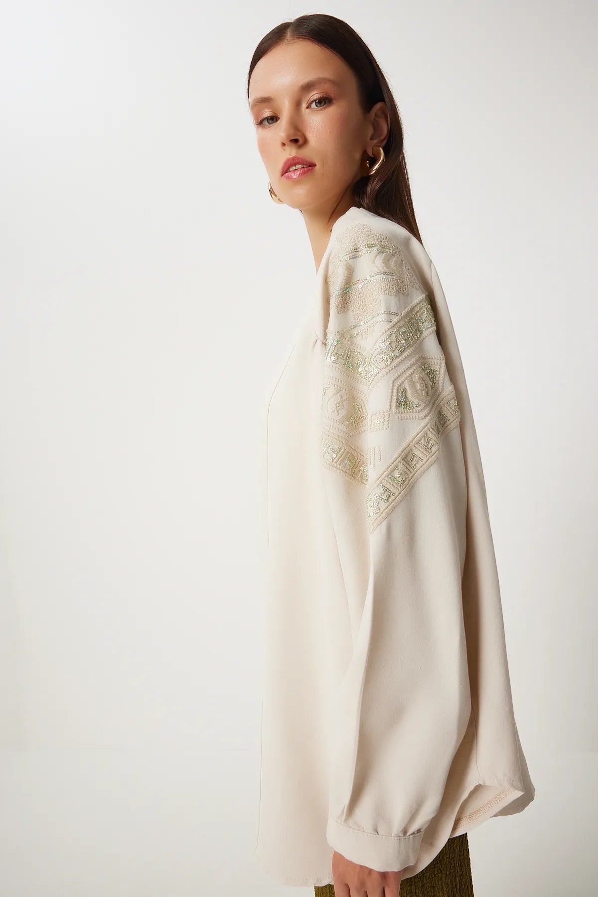 Embroidered Linen Kimono CREAM BEIGE