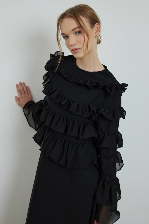 Ruffle Chiffon Black Dress