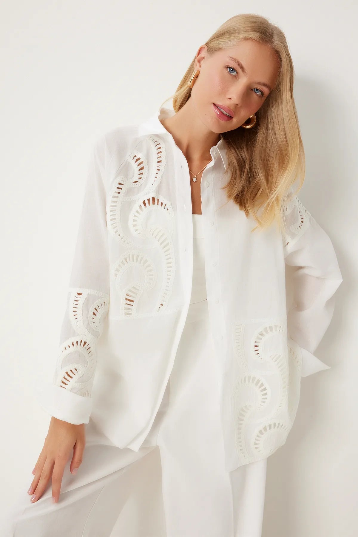 Openwork Lace Embroidered Linen Shirt