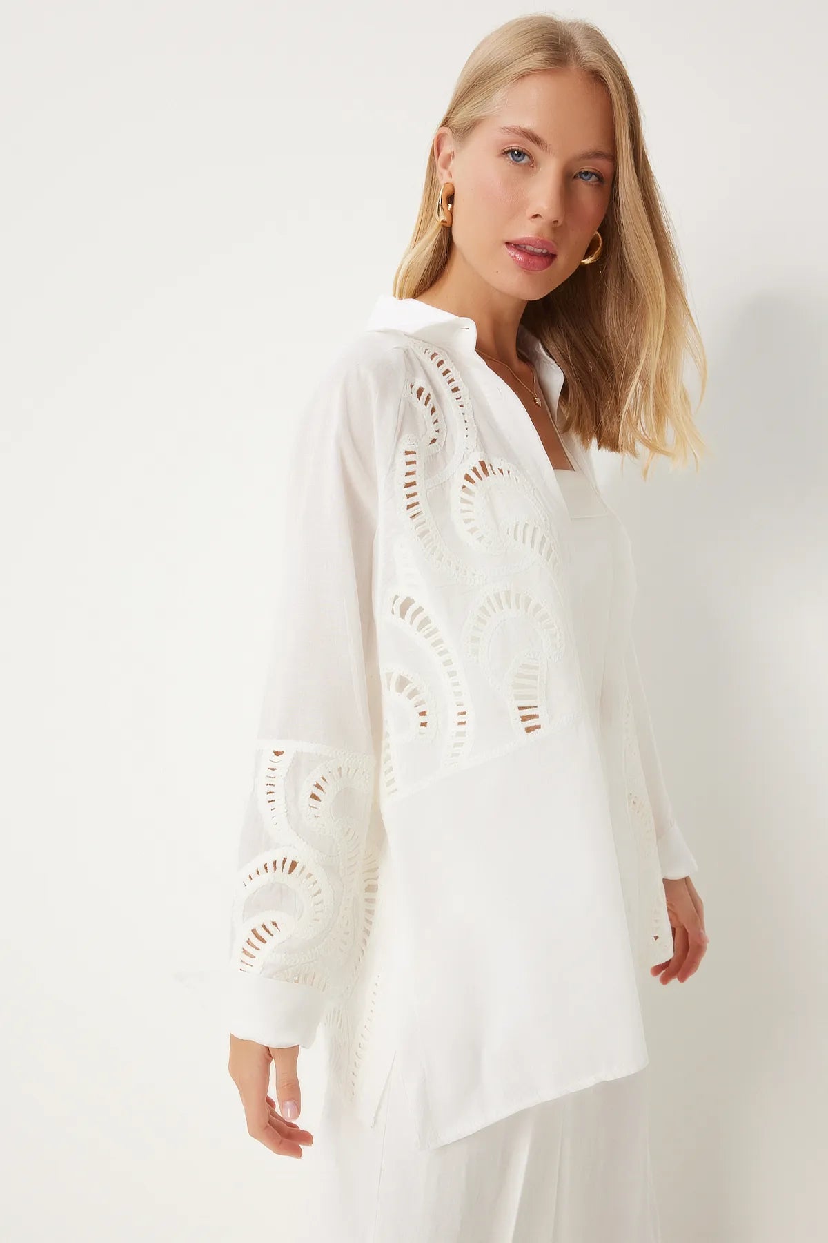 Openwork Lace Embroidered Linen Shirt