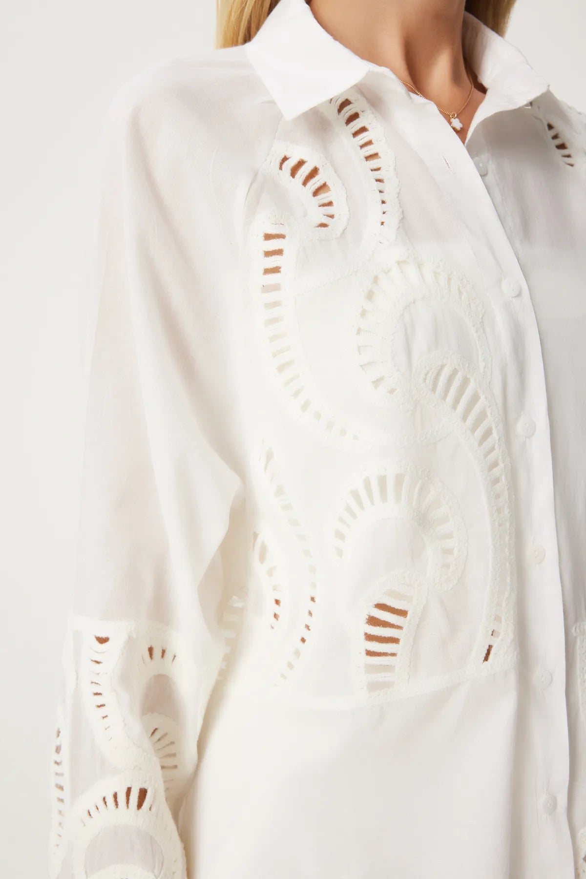 Openwork Lace Embroidered Linen Shirt