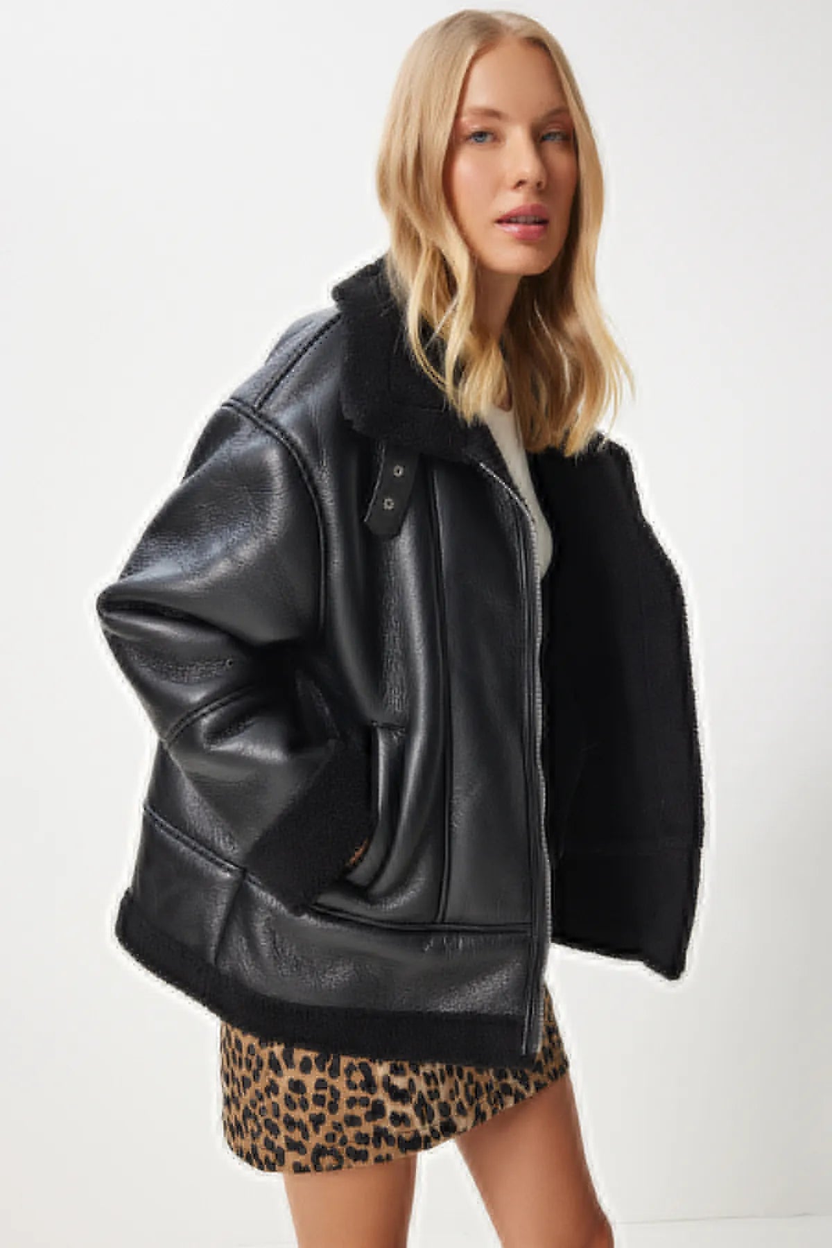 Black Faux Fur Inside Faux Leather Biker Jacket