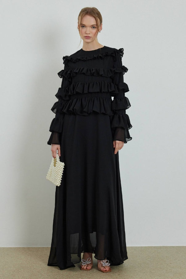 Ruffle Chiffon Black Dress