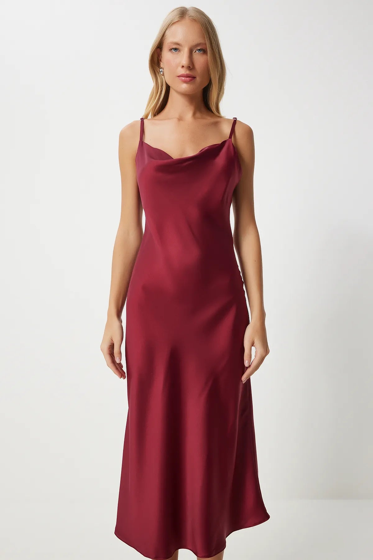 Burgundy Cowl Neck Satin Surface Dress