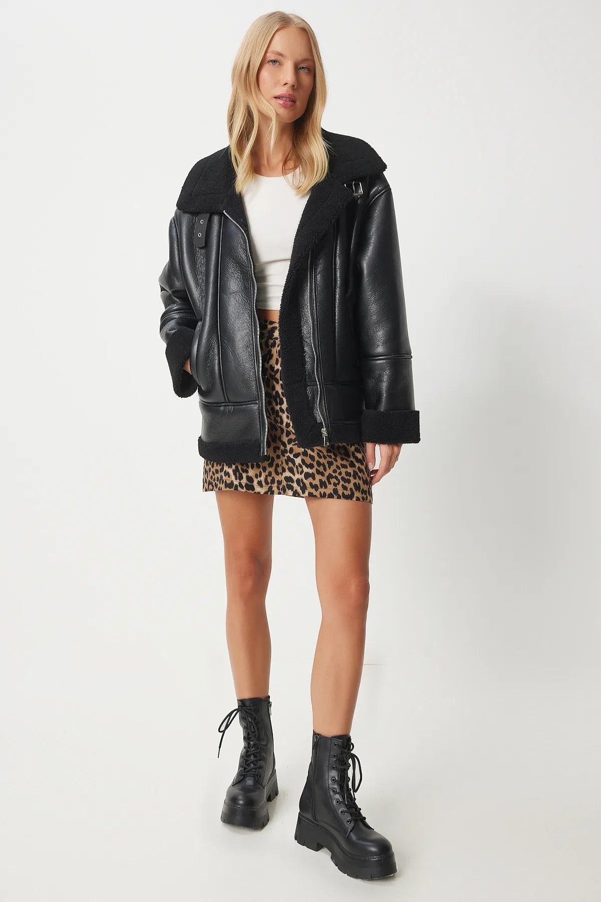 Black Faux Fur Inside Faux Leather Biker Jacket