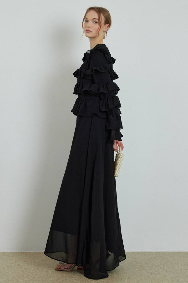 Ruffle Chiffon Black Dress