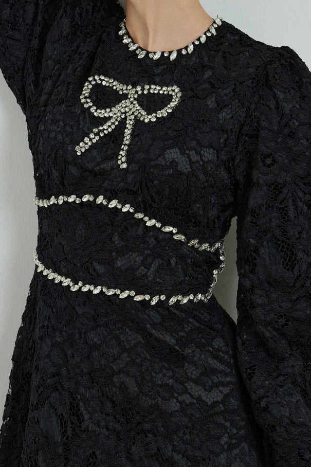 Elisabeth Stone Embroidered Lace Black Dress