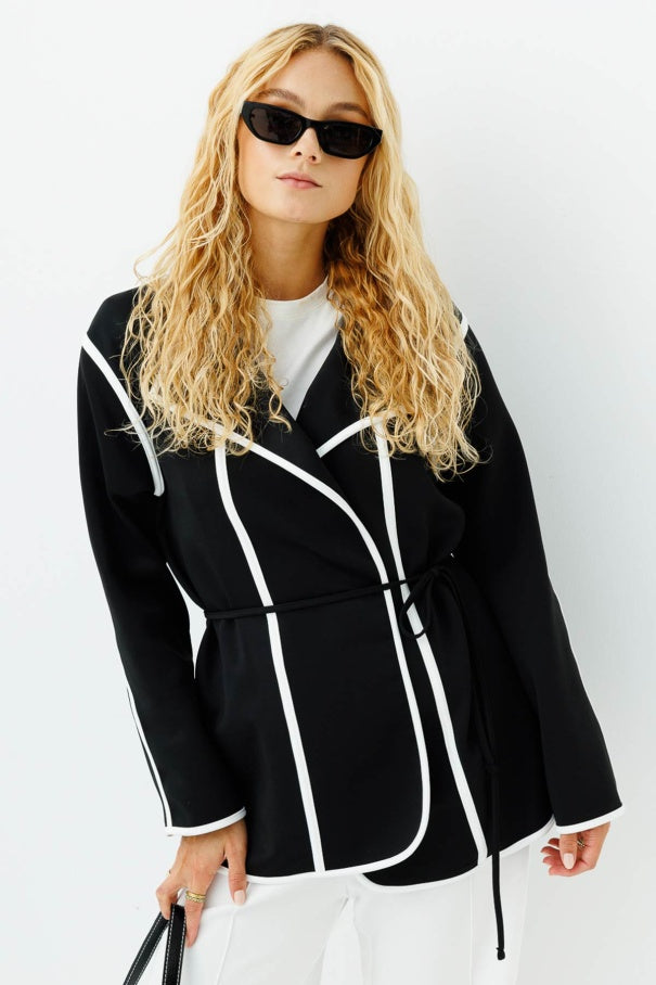 Contrast Piping Scuba Black Cardigan