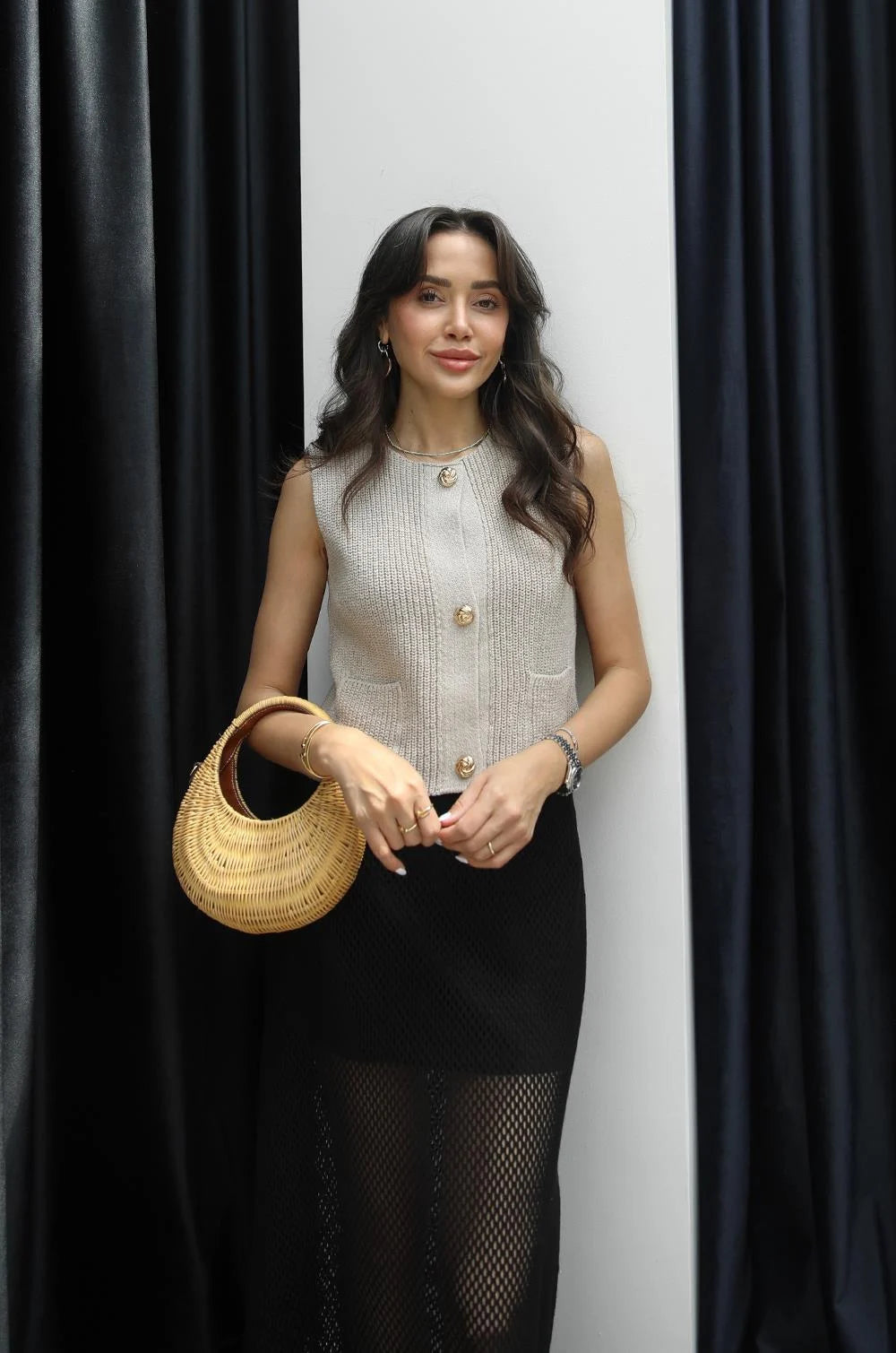 Stone Color Knitted Blouse Vest