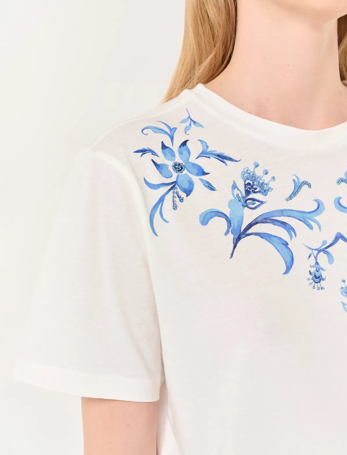 White Short Sleeve Floral Detailed Cotton T-Shirt