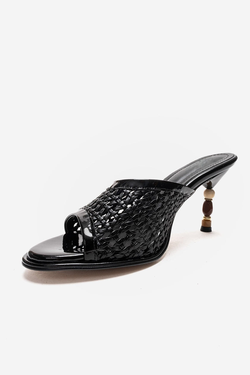 SELVIAN Black Woven Women’s Beaded Heel Mule Sandals