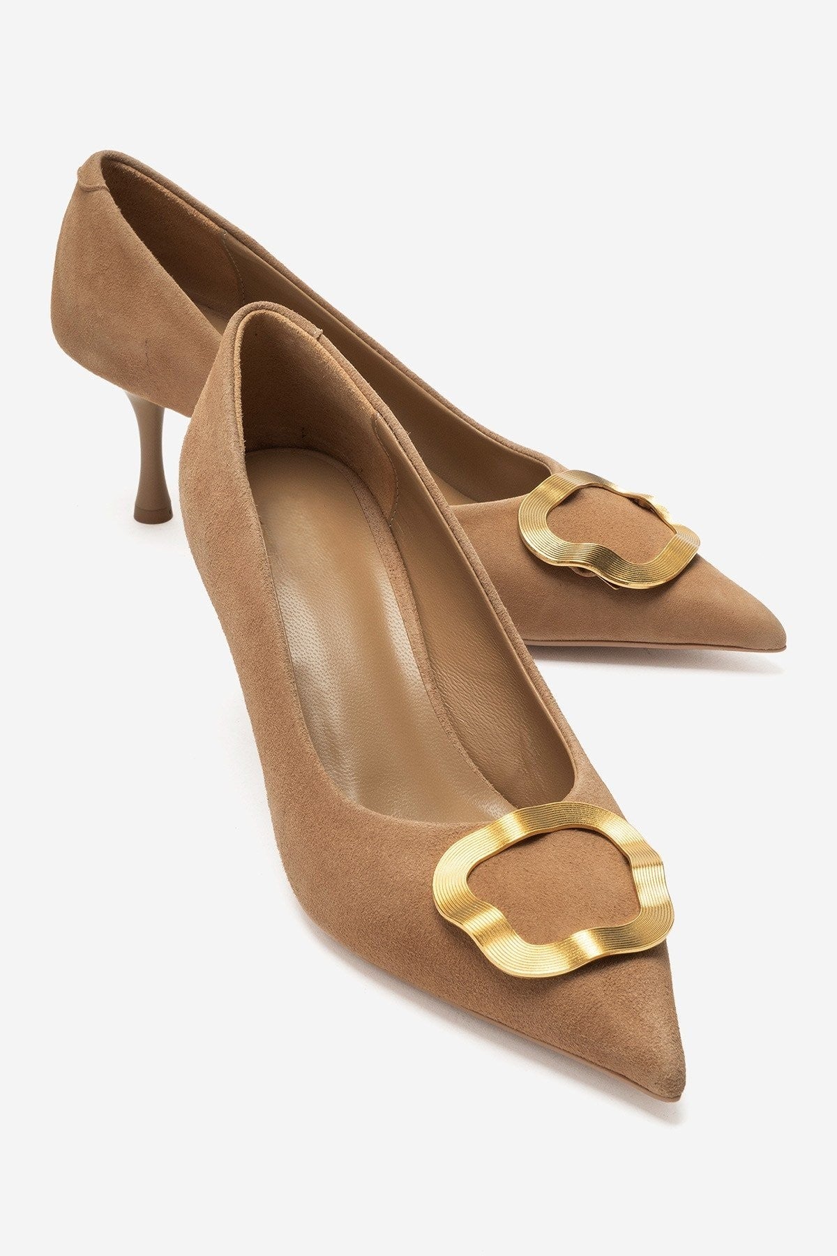 NOEMI Taupe Genuine Suede Leather Buckle Strap Heels – 6 cm