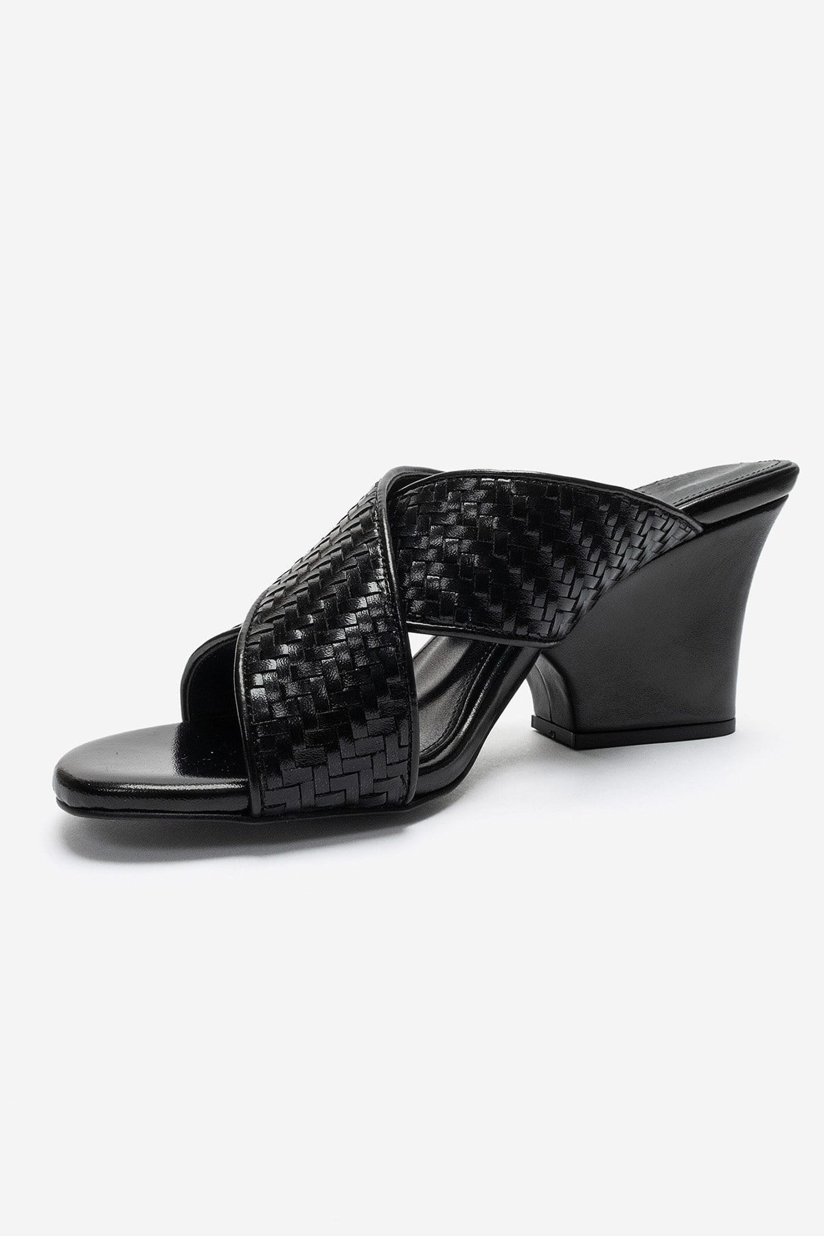 LAVEAN Black Woven Cross-Strap Wedge Mule Slipper