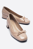 GIPSY Dark Beige Patent Leather Bow Detail Block Heel Shoes