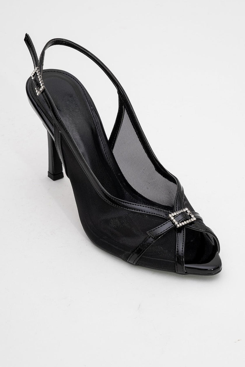 ELYSE Black Patent Leather Mesh Women's High-Heeled Evening Shoes