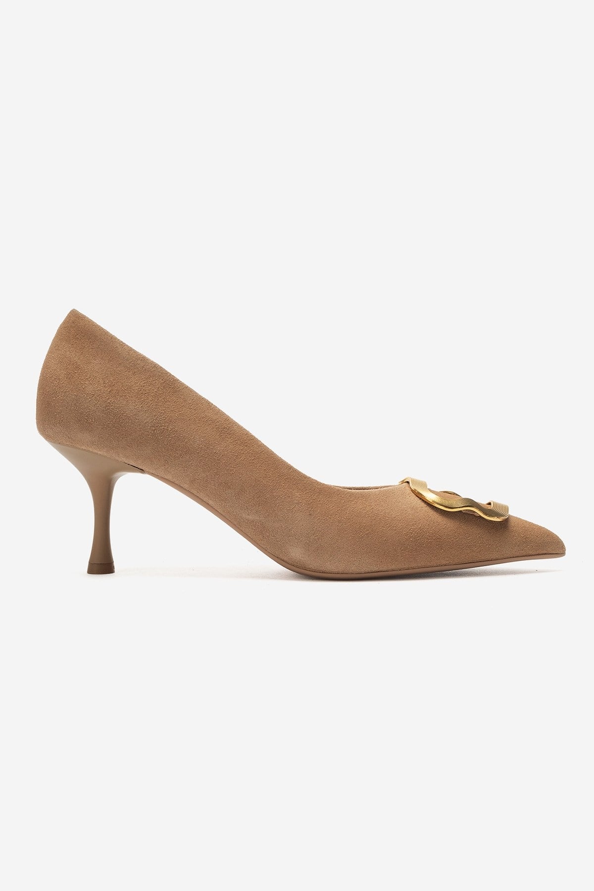 NOEMI Taupe Genuine Suede Leather Buckle Strap Heels – 6 cm