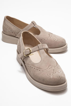 JANNEY Beige Suede Genuine Leather Strappy Loafers for Women