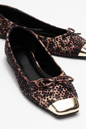 ABRA Women's Black and Yellow Patterned Beaded Bow Ballerina Shoes