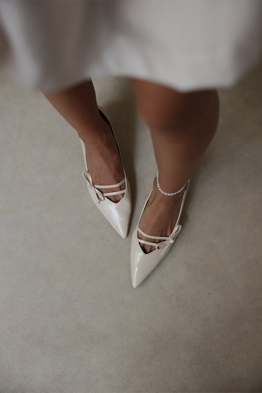 Pointed Toe Bow Detail Bone Women’s Heeled Shoes
