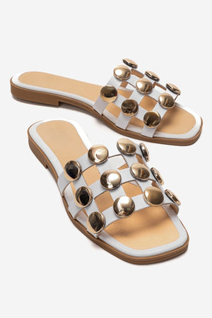 BAREON White Genuine Leather Slide Sandals with Gold Buckle