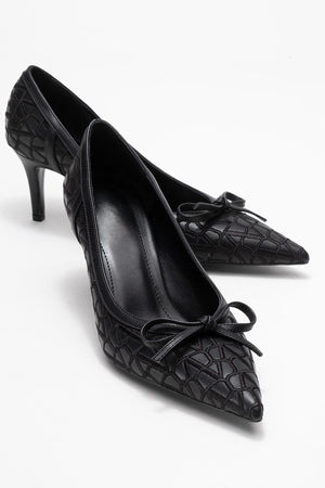 CAMDEN Black Patterned Bow Detail Women’s Heeled Shoes