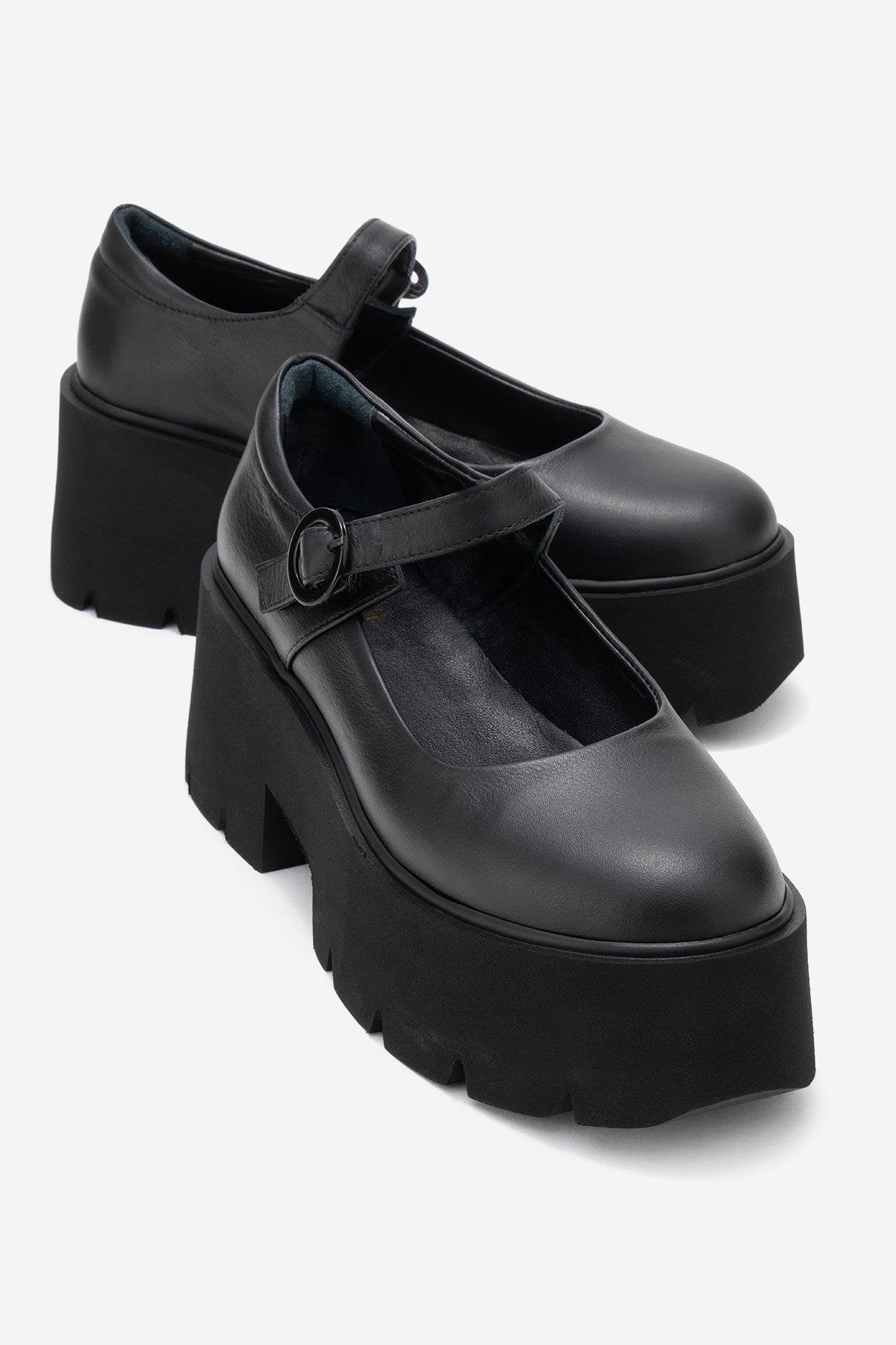 ORINA Black Genuine Leather Thick-Soled Women's Casual Shoes