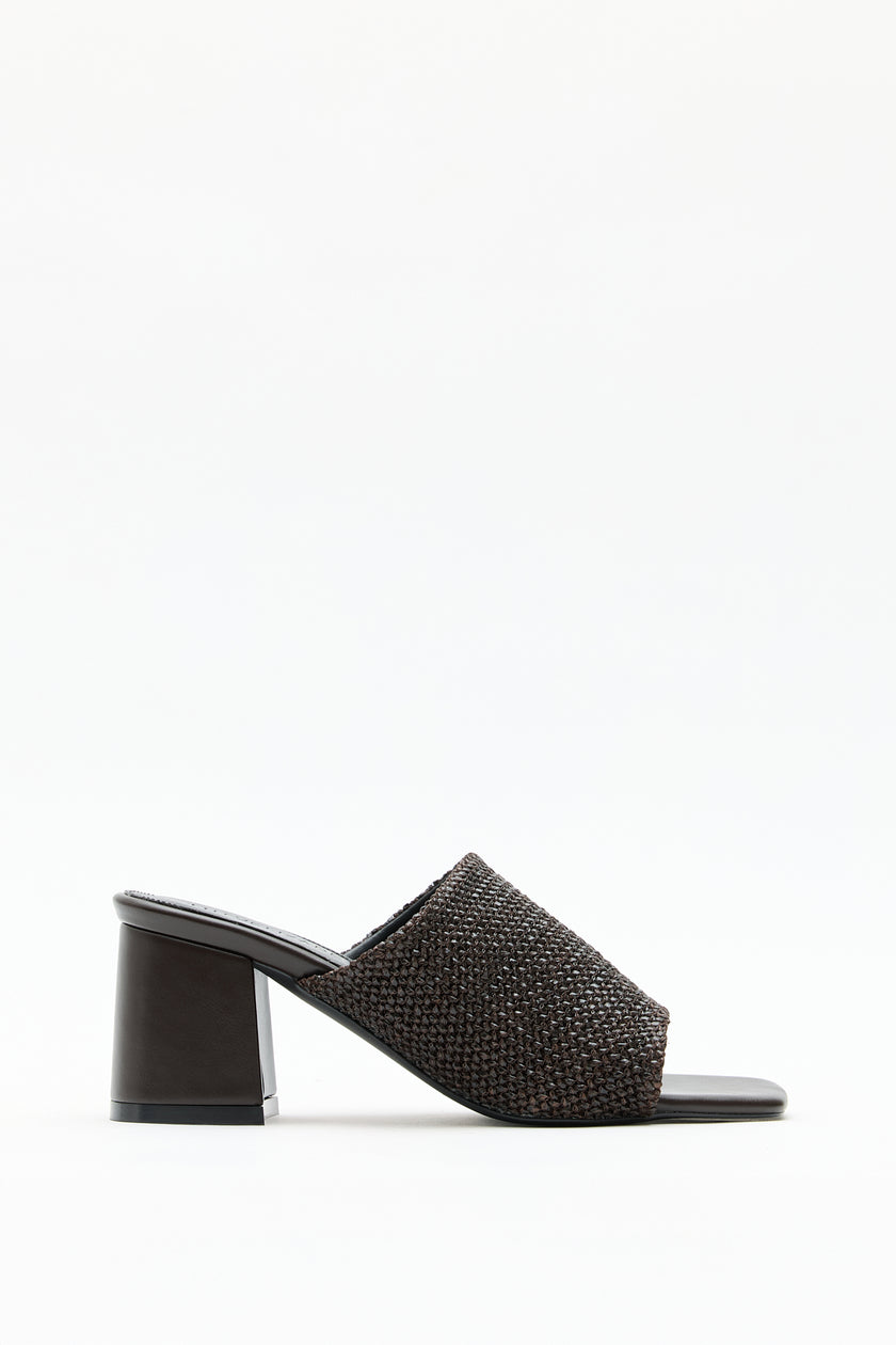 Textured Wide Strap Brown Woven Women's Heeled Sandals