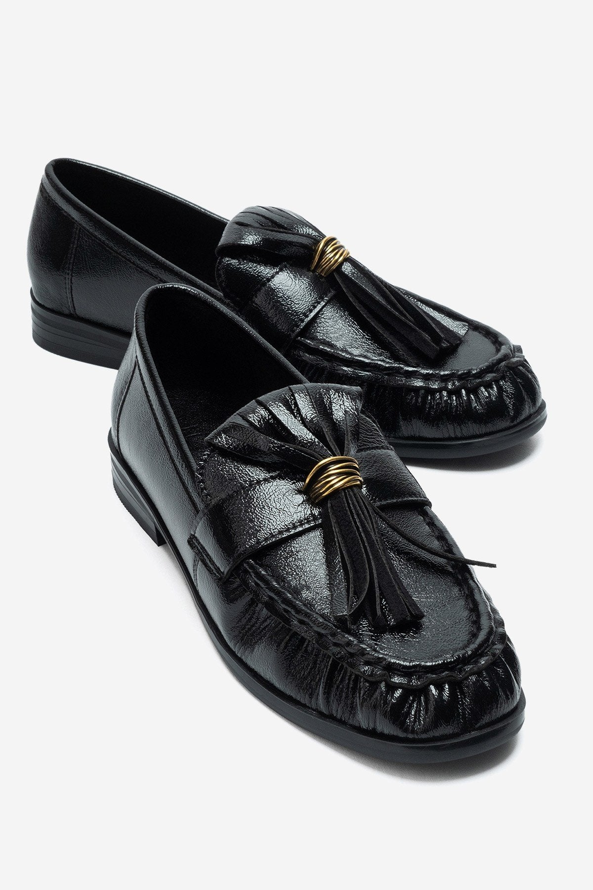 Marston – Black Crinkled Patent Tassel Loafers