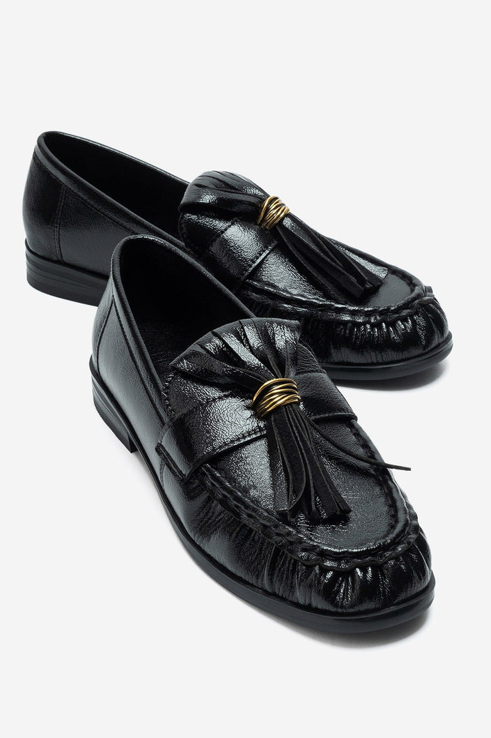 Marston – Black Crinkled Patent Tassel Loafers