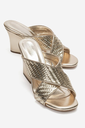 LAVEAN Gold Woven Cross-Strap Wedge Mule Slipers