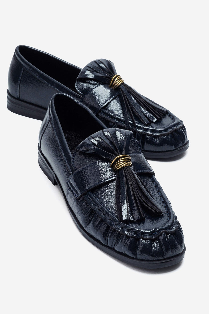 Marston – Navy Crinkled Patent Tassel Loafers