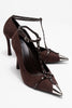 JULIANA Brown Suede Women's Metallic Toe High Heel Shoes with a Trocque Belt